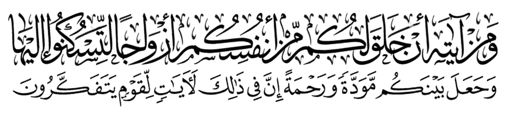 وَمِنْ آيَاتِهِ أَنْ خَلَقَ لَكُم مِّنْ أَنفُسِكُمْ أَزْوَاجًا لِّتَسْكُنُوا إِلَيْهَا وَجَعَلَ بَيْنَكُم مَّوَدَّةً وَرَحْمَةً